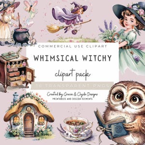 Conjunto de clipart whimsical Witchy Cottagecore, 16 PNG, estética mágica, bruxa de ervas, cristais iluminados pela lua, arte digital de fantasia aconchegante, arte da floresta