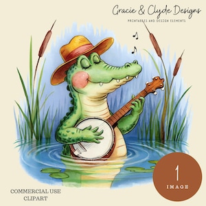 Serenade-clipart Bayou | Krokodil met banjo in lisdodde van de lisdodde | Moerasmuziek, png-bestand | Schattige alligator-clipart | Muzikale dierenkunst