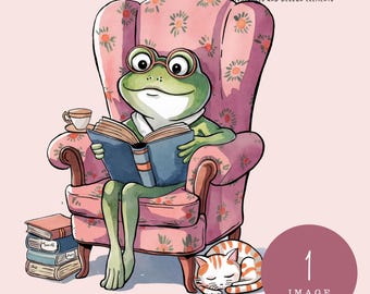 May include: A green frog wearing glasses sits in a pink armchair reading a book. A small white cat with orange stripes sleeps at the foot of the chair. There are several books stacked on a table next to the chair.