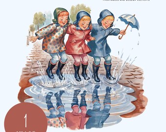 Clipart Rainy Day Joy | Vintage Puddle Splash Kids | Fantastyczna ilustracja dzieci | PNG | Retro Raincoat Artwork | Zabawna nostalgiczna sztuka