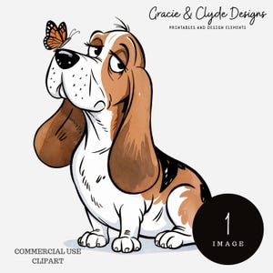 Réfléchissez aux pattes, clipart Basset Hound, PNG, chien mignon avec papillon, sublimation illustration fantaisiste pour animaux de compagnie