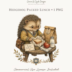 May include: A digital illustration of a hedgehog wearing a yellow jumper and carrying a brown satchel, sitting at a small wooden table. The hedgehog is unwrapping a sandwich next to a red apple, a milk bottle, and a paper bag labelled School Lunch.