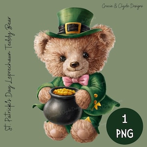 May include: A charming teddy bear illustration dressed as a leprechaun for St. Patrick's Day. The bear wears a green hat and jacket, a pink bow tie, and holds a pot of gold. The image includes the text "St. Patrick's Day Leprechaun Teddy Bear."