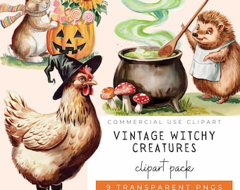 Woodland Witch Clipart | Whimsical Forest Halloween Animals | Vintage Witchy Creatures PNG | Cottagecore Halloween Graphics | Fall Magic Art