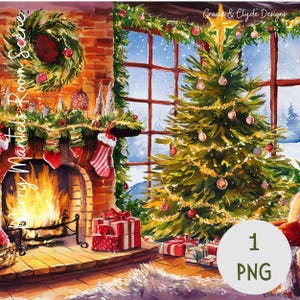 Merry Mantels Room Scene PNG, Cozy Christmas Fireplace and Tree Clipart, Holiday Digital Download, Christmas PNG, Watercolor Clip art