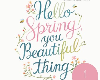 Hello Spring Clipart, PNG, Whimsical Spring Quote for Sublimation & DIY, Floral Typography Digital Art  Journal, Planner Sticker, Home Decor