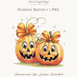 Pode incluir: Uma ilustração digital intitulada PUMPKIN BESTIES apresentando duas abóboras laranja com rostos sorridentes, olhos grandes com cílios e laços laranja em seus talos. O design inclui pequenos detalhes de estrelas e o texto Gracie & Clyde Designs.