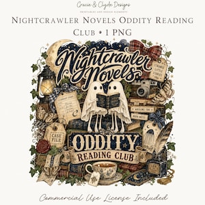May include: A digital illustration titled Nightcrawler Novels Oddity Reading Club featuring two ghosts reading a book, surrounded by a lantern, a camera, a teacup, a quill with ink, moths, ivy, and various tags labeled Case File and Strange Little Stories.