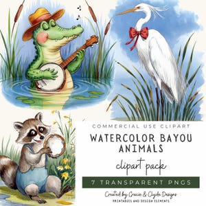 Könnte beinhalten: Aquarellillustration von Bayou-Tieren. Ein grünes Alligator spielt Banjo im Wasser, ein weißer Reiher mit roter Fliege steht im Schilf, und ein Waschbär spielt Tamburin. Der Text "WATERCOLOR BAYOU ANIMALS clipart pack" ist enthalten.