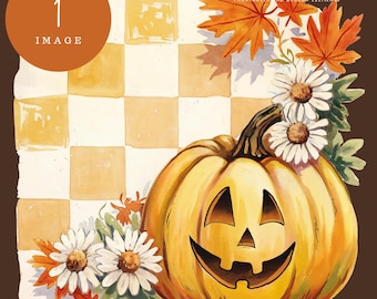 Fall Pumpkin Checkerboard Clipart – Vintage Jack O’Lantern PNG