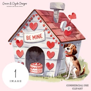 Be Mine Doghouse - Valentine's Day Dog Clipart with Hearts and Puppy, Cartoon Dog, Watercolor Clipart, Instant Download