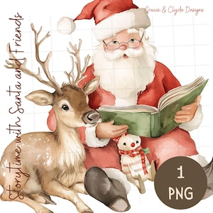 Storytime mit Weihnachtsmann und Freunden Clip Art, Weihnachten PNG, Weihnachtsclipart, digitaler Download für Handwerk Einladungen, Aquarell, Rentier