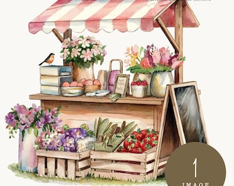 Market Day Whimsy, Watercolor Farmers Market Stand Clipart, PNG, Cottagecore Floral Stall, Rustic Farm Sublimation, Florist Shop