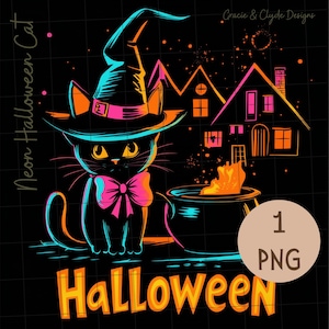Pode incluir: Um gato preto usando um chapéu de bruxa e uma gravata borboleta rosa está em frente a um caldeirão com uma chama laranja incandescente. O fundo é preto com um esquema de cores neon rosa, azul e laranja. O texto "Halloween" está escrito em letras laranja e rosa na parte inferior da imagem.