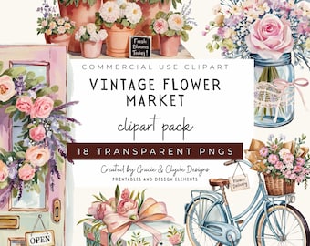 Vintage Flower Market Clipart | Floral Watercolor Illustrations | Retro Botanical PNGs | Wedding & Spring Design Elements | Digital Download