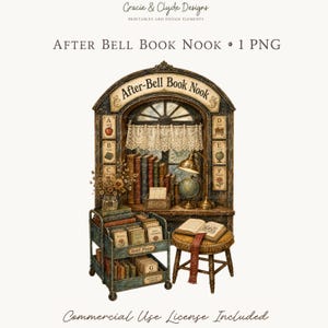 May include: A digital illustration titled After Bell Book Nook featuring a wooden arched shelf with a window, lace curtain, books, a globe, and a lamp. Below, a blue rolling cart holds books and cards, next to a round stool with an open book.