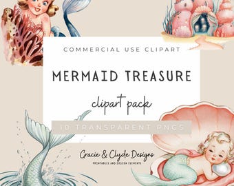 Conjunto de imágenes prediseñadas de tesoros de sirena, PNG, ilustraciones vintage del océano para sublimación y manualidades, imágenes prediseñadas submarinas, animales marinos adorables, acuarela