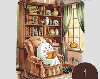 Leitura de fantasmas aconchegantes PNG | Clipart de livros de Halloween | Outono assustador na biblioteca | Sublimação de recanto de livros fantasmas | Amante de livros fofos | Arte de leitura de outono