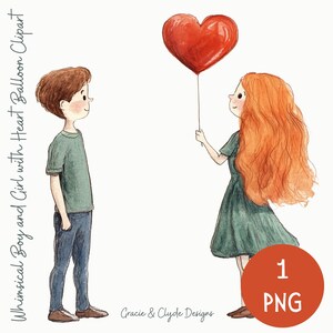 Whimsical Valentine’s Day Clipart, Boy and Girl with Heart Balloon, Wedding Invitations, Love Clipart, Couples, Lovers, Illustration, Hearts