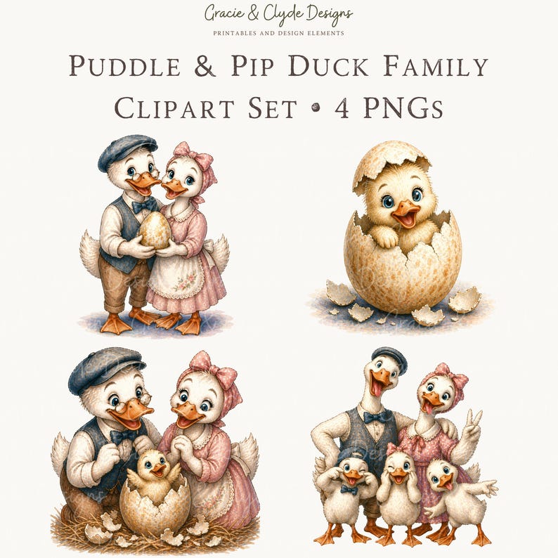 Vintage Duck Family Clipart PNG, Cute Duck Couple Graphics, Baby ...