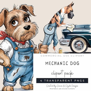 May include: A digital clipart pack featuring two cartoon dogs dressed as mechanics. One dog is holding a wrench and the other is washing a vintage car. The text "MECHANIC DOG clipart pack 4 TRANSPARENT PNGS" is displayed on a white background.