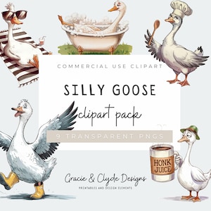 Silly Goose Clipart Set, PNG, Playful & Funny Watercolor Geese, Trendy Digital Download, Quirky PNG, Animal Graphics, Funny Art