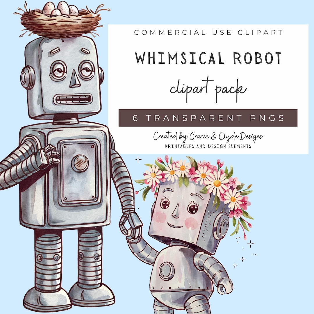 Whimsical Robot Clipart Set, Retro Vintage Robot Pngs, Floral AI Robot ...