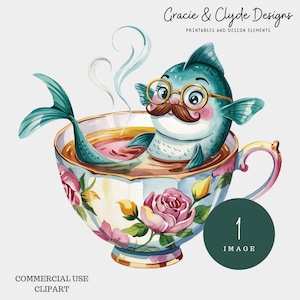 May include: Watercolor illustration of a teal fish with a mustache and glasses relaxing in a teacup. The teacup is decorated with pink roses and gold trim. Steam rises from the tea. The image includes the text "Gracie & Clyde Designs" and "Printables and Design Elements."