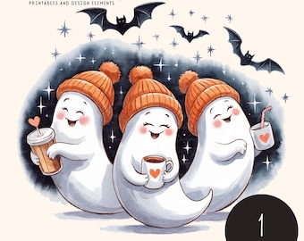 Cozy Ghost Clipart – Halloween Coffee PNG Illustration