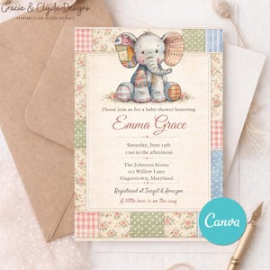 Uitnodiging babyshower olifant, patchwork babymeisje uitnodigen, vintage quilt canvas sjabloon, bewerkbare bloemen babyshower, instant download
