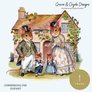 May include: A watercolor illustration of a family of four mice standing in front of a cottage. The parents are dressed in Victorian clothing, and the two children are dressed in sailor and dress outfits. The illustration is on a light blue background.
