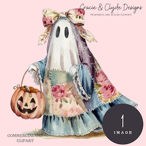 May include: Watercolor illustration of a ghost in a patchwork dress and bow, holding a jack-o'-lantern. The ghost has black oval eyes and is wearing a dress with floral and patchwork details. The image includes the text "Gracie & Clyde Designs" and "Commercial Use Clipart."