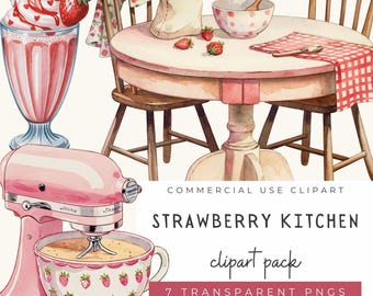 Strawberry Kitchen Clipart | Cottagecore Baking Clipart Set | PNG | Vintage Strawberry Mixer, Jam, Tea Set & More | Retro Kitchen Art