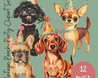 Vintage Pooch Party Clipart Set, Dog Clipart, Birthday Party, Invitation PNG, Cute Dogs, Dog Party, Animal Lover, Dogs Clipart, Dog Breeds