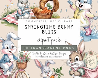 Springtime Bunny Bliss, Whimsical Bunny Clipart Set, Cottagecore Easter Rabbits, Vintage Watercolor Bunny Illustrations, Digital Download