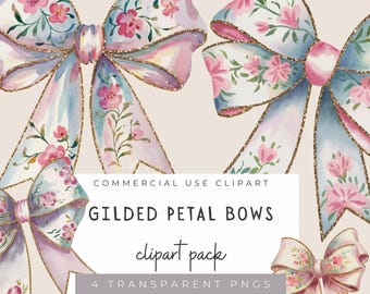 Gilded Petal Bows Clipart | Watercolor Floral Bow PNG Set | Cottagecore Ribbon Clipart | Vintage Gold-Trimmed Bows | Elegant Clipart Pack