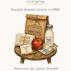May include: A digital illustration of a brown paper lunch bag with the text A GOOD DAY BEGINS WITH A GOOD LUNCH, a glass milk bottle labelled PURE & FRESH MILK, a red apple, a wrapped sandwich, a pencil, and a note reading Packed With Care.