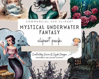 Conjunto de imágenes prediseñadas de sirena gótica: fantasía submarina mística (13 PNG)