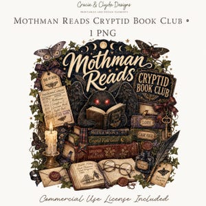 Può includere: Un'illustrazione digitale raffigurante una creatura Mothman scura con occhi rossi luminosi che legge un libro. La scena include pile di libri vintage, una candela accesa, una penna d'oca, un calamaio, occhiali e una scheda di biblioteca Mothman.