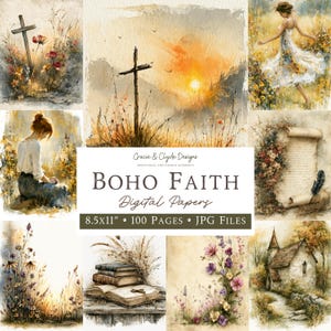 Può includere: Una collezione di carte digitali intitolata Boho Faith Digital Papers di Gracie & Clyde Designs, che include 100 file JPG di 21,6x27,9 cm. Le immagini presentano scene ad acquerello di croci, una persona in un campo, una pergamena e dei libri.