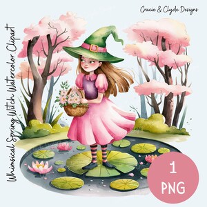 May include: A whimsical watercolor illustration of a witch wearing a green hat and pink dress, holding a basket of flowers. She is standing on a lily pad in a pond surrounded by pink flowering trees.