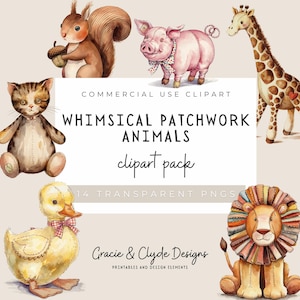 May include: A set of 14 whimsical patchwork animal illustrations. The animals include a squirrel, pig, giraffe, cat, duck, and lion. The illustrations are in a watercolour style and have a patchwork design. The text "COMMERCIAL USE CLIPART WHIMSICAL PATCHWORK ANIMALS clipart pack 14 TRANSPARENT PNGS Gracie & Clyde Designs PRINTABLES AND DESIGN ELEMENTS" is included in the image.