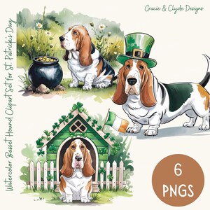Ensemble de cliparts aquarelle basset hound pour la Saint-Patrick, illustrations de chien irlandais avec thèmes trèfle, chapeau vert et os porte-bonheur, 6 PNGS