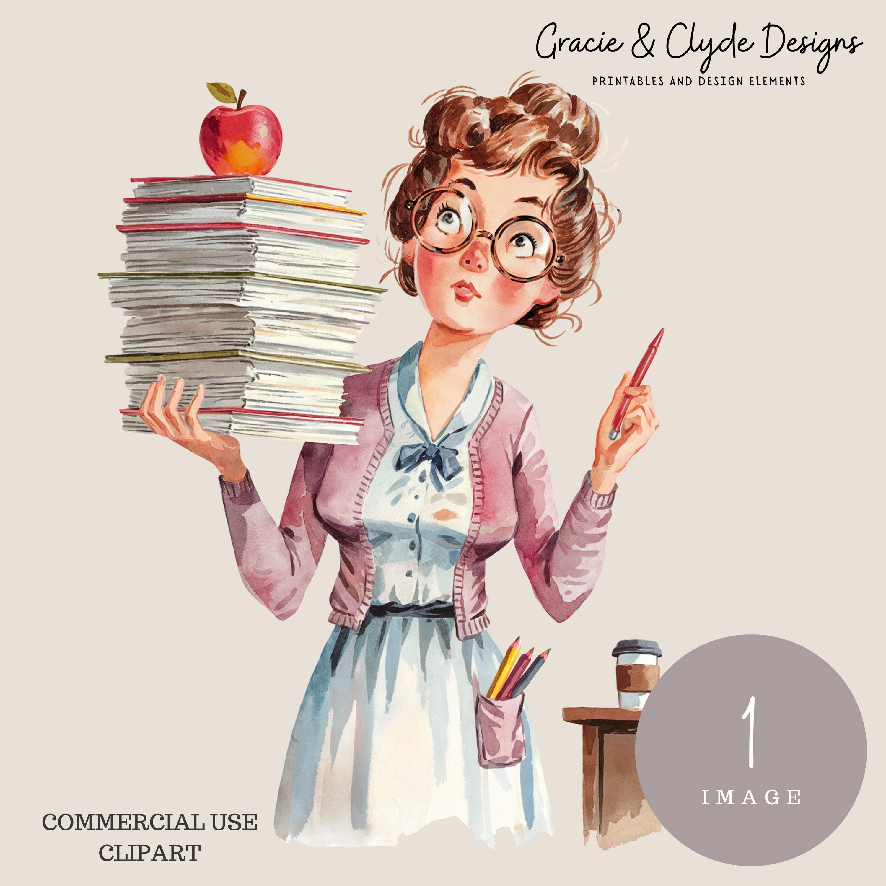 Whimsical Teacher Clipart, PNG, Vintage School Aesthetic, Cute Glasses & Books, Retro Classroom Illustration, Instant Download, Appreciation