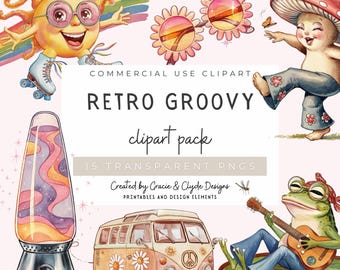 Op de afbeelding: Een digitaal clipart-pakket met 15 retro groovy illustraties. De illustraties omvatten een lachende zon met een zonnebril, een paddenstoelpersoon, een kikker die gitaar speelt, een lava lamp en een vintage busje met vredestekens en bloemen. De illustraties zijn perfect om een ​​touch van 70s-stijl aan je projecten toe te voegen.