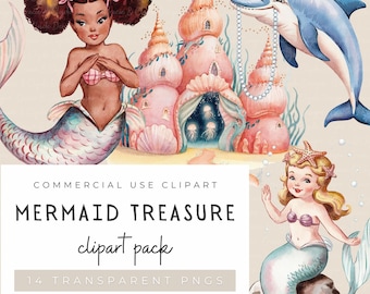 Mermaid Treasure Clipart | Inclusive Mermaid Art | Vintage Mermaid Clipart Pack | 14 PNG Files | Transparent Background | Commercial Use