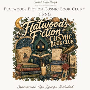 Peut inclure: Une illustration numérique intitulée Flatwoods Fiction Cosmic Book Club montrant une créature encapuchonnée lisant un livre, entourée de piles de livres, d'un télescope, d'une bougie et d'éléments célestes. Le texte indique Flatwoods Fiction Cosmic Book Club.