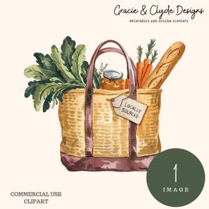 May include: Watercolor illustration of a woven shopping bag filled with groceries. The bag contains leafy greens, carrots, a baguette, and a jar of preserves. A tag reads "Locally Sourced". The image includes text: "Gracie & Clyde Designs" and "Commercial Use Clipart".
