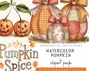 Watercolor Pumpkin Clipart Set – Quilted Pumpkins, Bows, Jack O’ Lanterns | Fall & Halloween PNG Bundle