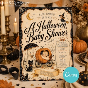 May include: A rectangular Halloween baby shower invitation card featuring vintage-style illustrations of a ghost, a black cat, a baby in a pumpkin carriage, and a witch on a broom. The text reads A Little Pumpkin Is On The Way! A Halloween Baby Shower, with event details and the phrase Costumes Encouraged And Treats To Be Served.
